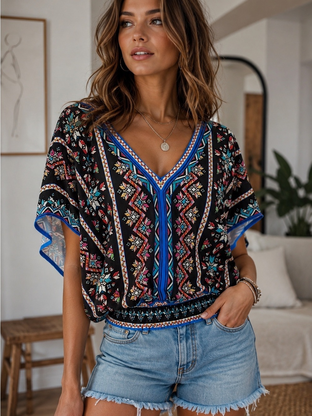 Flying Tomato Floral V-Neck Boho Women's Top - Black and Blue - small - Picture 8 of 8